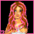Pixelated image of a person with long pink hair wearing blue bell-bottom jeans and white shoes, standing against black background.