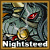 Animated contact sheet of a pixelated Nightsteed character with red eyes and golden accents, cycling through facial expressions in a 3x3 grid layout.