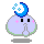 Pixel art character with light purple body, black eyes, pink cheeks, blue crescent moon with yellow stars on head, and green outline, shown in four animation states.