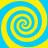 Four yellow and blue spiral patterns arranged in a on a solid background, each with alternating color bands forming continuous swirls