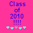 Pixelated blue text on bright pink background reads "Class of 2010 !!!!" with five cyan and gray star-like symbols below.