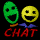 Green and yellow cartoon faces with wide smiles stand side-by-side above red 'CHAT' text on a black background.
