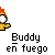 Pixelated character with orange flame-like hair, yellow shirt, white face, and outstretched hand, set against gray background with text below.