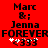 Red background with black text reading Marc &; Jenna FOREVER and white pixelated symbols below.