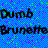 Pixelated text 'Dumb Brunette' on blue checkered background with scattered green and purple squares.