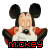 Pixelated cartoon character with large black ears, closed eyes, red jacket over white shirt, holding a dark circular object near mouth.