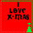 Red square icon with green dotted border displaying "I LOVE X-MAS" text and a small green Christmas tree that alternates between two positions.