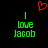 A pixelated image with green text reading "I love Jacob" on both sides of a red heart symbol against a black background.