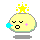 Pixelated yellow circular character with closed eyes, pink cheek marks, and a yellow star crown, shown in four sequential states with varying mouth shapes and a blue bubble.