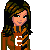 Pixel art contact sheet showing three frames of a female character in brown outfit with black accents, including full body and partial views, alongside text elements.