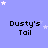 Pixelated blue background with white stars and repeated 'Dusty's Tail' text in black pixel font across the