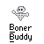 Pixelated ghost icon with outstretched arms above stylized text reading 'Boner Buddy' on gray background.