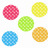 Five pixelated circular icons in red, yellow, green, blue, and orange arranged on a white background.