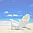 Pixelated beach scene with white Adirondack chair on sand, blue sky and ocean background, pink overlay text reading "Summer 08" and "wet sand between clammy toes".