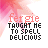 25 identical square icons with pink watercolor background, each displaying 'fergie TAUGHT ME TO SPELL DELICIOUS' text in red and black