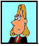 Pixelated cartoon woman with blonde hair and glasses in four sequential poses showing facial expression changes against light blue background.