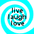 Four identical circular icons with blue and white spiral backgrounds, each containing the text "live laugh love" in black sans-serif font.