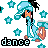 Pixel art of a blue-skinned character with black hair and orange shoes dancing among teal stars, with the word "dance" repeated below.