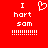 Red background with white pixelated text and symbols arranged in two identical vertical , each containing 'I', a heart symbol, 'hurt', 'som', and multiple exclamation marks
