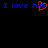 Blue text 'I love him' repeated three times on black background with red heart replacing the letter 'o' in the middle instance.
