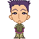 Pixelated character with purple spiky hair, olive-green shirt over purple undershirt, and khaki pants in multiple poses against gray background.