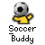 Pixelated static icon featuring a soccer ball character with yellow limbs against gray background, labeled "Soccer Buddy" in pixel font.