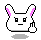 Pixelated white rabbit head with pink inner ears, black eyes and mouth, showing four distinct hand gestures against gray background.