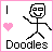 Pixel art buddy icon with pink border featuring stick figure, heart symbol, and text "I ❤️ Doodles" on white background.