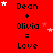 Red background with repeated text 'Dean + Olivia = Love' and scattered white and pink stars, animated with star positions shifting across frames.