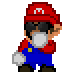 Pixelated Mario character in red cap with white M, blue overalls, and white gloves performing sequential hand movements against gray background.