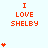 Red text "I LOVE SHELBY" on light blue background with animated heart counts increasing from one to five then decreasing, all in pixelated style.