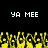 Pixelated text 'YA MEE' appears twice on a black background above yellow pixel art resembling flames or abstract shapes.