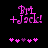 Pixelated pink text 'Bm + Jack!' above five heart symbols on a black background, with one heart changing color between frames.