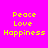 Static image with bright pink background and yellow text reading Peace Love Happiness arranged in a with blue rectangular overlays