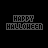 Animated 'HAPPY HALLOWEEN' text with orange and gray pixelated letters, some frames showing purple star-like particles on black background.
