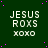 Dark green background with scattered purple dots, repeated text "JESUS ROXS XOXO" in white pixelated font