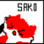 Pixelated red and white character with black accents, displaying 'SAKI!' text above in grayscale block letters.