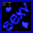 A 6-frame animated contact sheet showing a blue pixelated icon with swirling shapes and hearts on black background, each frame displaying slight variations in heart positions and shape rotations.