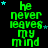Green text on black background repeats 'he never leaves my mind' with scattered blue stars, one gray square in bottom-right corner.