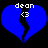 Two identical blue broken hearts with white text 'dean' and '<3' on black background, each heart split into two jagged pieces.