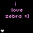 Pixel art displays pink text 'i love zebra =]' with white heart symbols in a pattern on black background, some hearts animate vertically