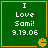 Green square with orange border displays "I Love Sami! 9.19.06" text and orange Pac-Man icon. Four identical arranged in a with no visible animation changes