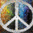 A pixelated peace symbol icon with a globe background surrounded by multilingual greetings on blue text