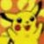 Pixelated yellow cartoon character with black-tipped ears, red cheek circles, and open mouth expression on blurred background.