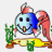 A pixelated cartoon fish character with blue and white body, red fins, holding green plants on a yellow base next to text reading 'pisces feb 20- mar 20' in dark purple font.