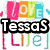 A colorful pixelated image with four distinct sections: top-left displays 'TessaS' over 'Life', top-right shows 'lz' on pink swirls, bottom-left has 'RaNdOm' over a rainbow spiral.