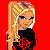 Pixel art contact sheet showing three frames of an animated icon with a blonde character, blue jeans, and text elements on red background.