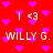 Red background with repeating pink heart shapes and white text reading "WILLY G." and "I <3" in pixelated style.