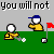 Pixelated golf-themed animation showing a character in yellow shirt and blue cap attempting putts on green turf with red flag, text reads "you will not make this putt! JACKASS!" at top.