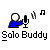 Pixelated character in blue shirt holding microphone with sound waves, text "Solo Buddy" below, gray background, animated sequence showing microphone sound wave variations.